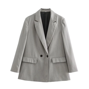 Classic grey double-breasted long sleeve blazer with notched lapels and flap pockets