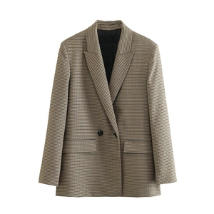 Women's plaid blazer with double-breasted buttons and notched lapel for autumn wear