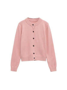 Pink crew neck knit cardigan with dark contrast buttons and ribbed edges in a flat lay view