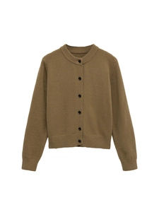 Classic round neck brown knit cardigan sweater with contrast buttons and ribbed cuffs