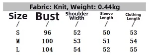 Detailed size chart for knitted crewneck sweater showing bust, shoulder and sleeve measurements