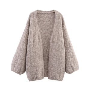 Damen Strickjacke in Taupe mit Laternärmeln und offener Vorderseite im Oversized-Stil