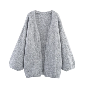 Graue Grobstrickjacke für Damen mit offener Front und Laternenärmeln für den Herbst