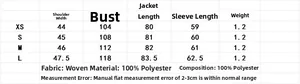 Detaillierte Größentabelle für eleganten Trenchcoat mit Maßen von XS bis L und Material