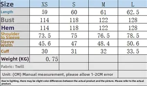 Detailed size chart for women's water-repellent trench coat showing measurements from XS to L