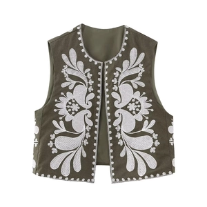 Ethnic style olive green vest for women with white floral embroidery and open front design