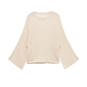 Women Vintage Hollow Out Crochet Knit Top Casual Long Flare Sleeve Round Neck Beige Lightweight Polyester Sweater