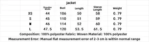 Detailed size chart for faux fur effect wool jacket showing chest and sleeve measurements