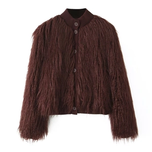 Close-up of deep brown faux fur cardigan with ribbed knit collar and button details