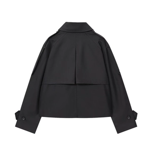 Back view of a short black windbreaker jacket with trench details and smooth finish
