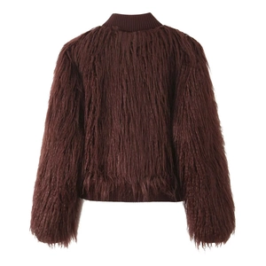 Detailed back view of deep reddish-brown faux fur jacket with ribbed knit trims