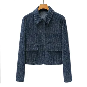 Women Casual Deep Blue Textured Jacket Long Sleeve Lapel Collar Flap Pockets Streetwear Tweed Style Outerwear Coat