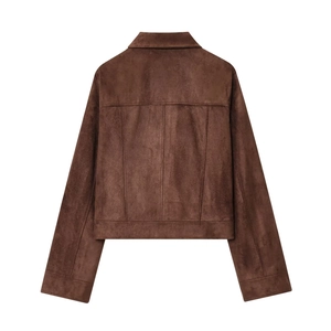 Back view of a slim-fit dark brown faux suede cropped jacket with detailed stitching