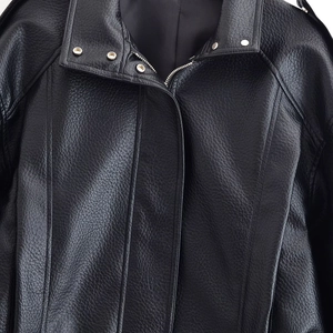Women street fashion black PU leather jacket with drop shoulder textured design
