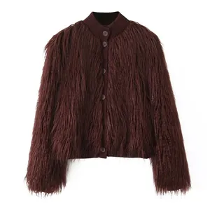 Women Chic Faux Fur Shaggy Jacket Dark Brown Single Breasted Cardigan With Ribbed Trim Stand Collar Warm Winter Coat