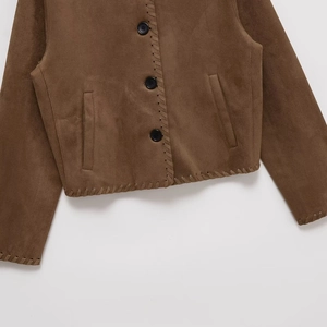 Chic brown suede cropped jacket with vintage stitching and black buttons for women