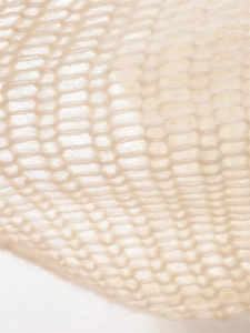 Macro view of creamy white knit fabric with fuzzy texture and hollow needlework detail
