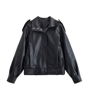 Women's black textured PU leather biker jacket with drop shoulders and metallic zippers