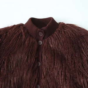 Women's dark brown faux fur knit jacket with ribbed collar and four round buttons