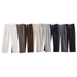Pantalones Casuales de Cintura Alta y Pernera Ancha para Mujer Con Cordón Doble Cinturilla Pantalones Rectos Sueltos Moda Streetwear