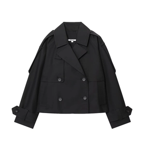Modern black double-breasted short trench jacket with wide lapels and shoulder epaulettes