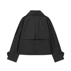 Back view of a black short windbreaker jacket with storm flap and raglan sleeves