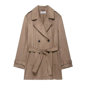 Damen Eleganter Trenchcoat aus Wildlederimitat mit Gürtel Zweireihig Langarm Reversjacke für Herbst Winter Lässige Oberbekleidung