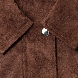 Brown faux suede jacket featuring a classic lapel collar and silver metal button detail
