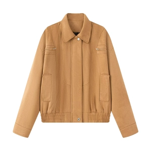 Chaqueta de ante sintético color camello para mujer con bolsillos y dobladillo elástico