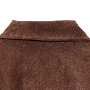 Women's slim fit faux suede jacket in dark brown featuring a classic lapel and fine stitching