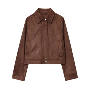 Women's dark brown faux suede short jacket with lapel and metal snap buttons on white background
