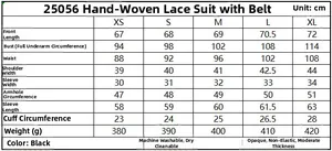 Size chart table for hollow lace blazer suit set showing measurements for XS to XL