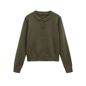 Detail of olive green knit cardigan with round neck and ribbing on cuffs and hemline