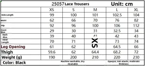 Detailed size chart for black lace trousers including waist and length measurements in cm