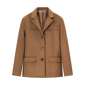 Detail of brown faux suede blazer featuring notched lapels and triple button closure