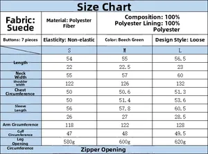 Detailed size chart for green suede jacket with dimensions in CM and fabric specifications