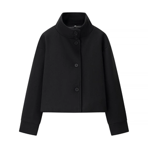 Close-up of black wool short jacket featuring high neck collar and single-breasted design