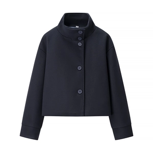 Detail of high stand collar and navy blue buttons on short wool blend jacket