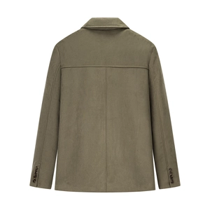 Detail view of the back of a dark olive suede jacket with buttoned cuffs and clean stitching