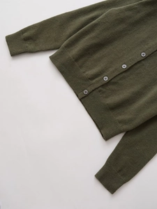 Detailed macro of olive green knit cardigan featuring dark gray buttons and ribbed cuffs