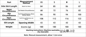 Detailed size guide table for lace satin skirt set showing XS to L measurements