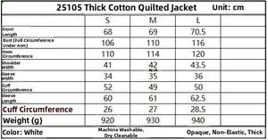 Detailed size chart for the women's padded cotton coat showing measurements in centimeters