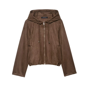 Macro shot of dark brown faux suede texture on hooded bomber jacket with silver zipper