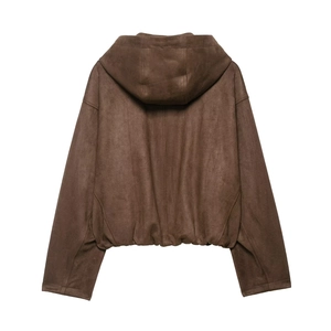 Back view of brown hooded suede-effect bomber jacket with dropped shoulders and ribbed hem