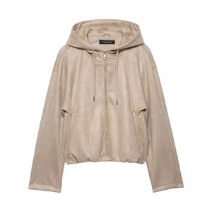 Detail of beige faux suede hooded bomber jacket with metal zipper and drawstring cords
