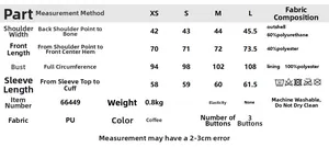 Size chart and fabric details for coffee PU leather blazer with measurements and care info