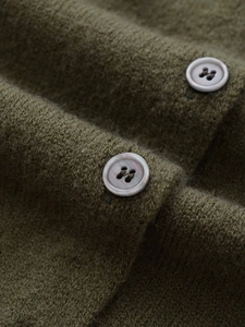 Detailed close-up of olive green knit cardigan with textured wool and pearl buttons