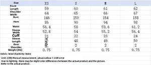 Size guide table for women's bomber jacket showing detailed measurements in centimeters