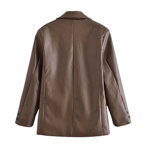 Back view of a dark brown faux leather blazer featuring a vertical center seam and buttons