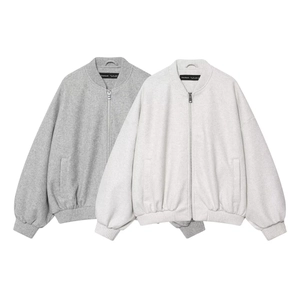 Women's Loose Bomber Jacket Wool-like Polyester Zipper Front Ribbed Trim Streetwear Outerwear For Autumn Winter Ladies